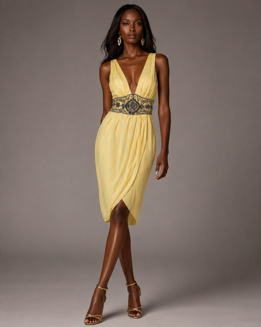 Mandalay Silk Dress 8 Yellow Beaded Empire Waist Cocktail NWT